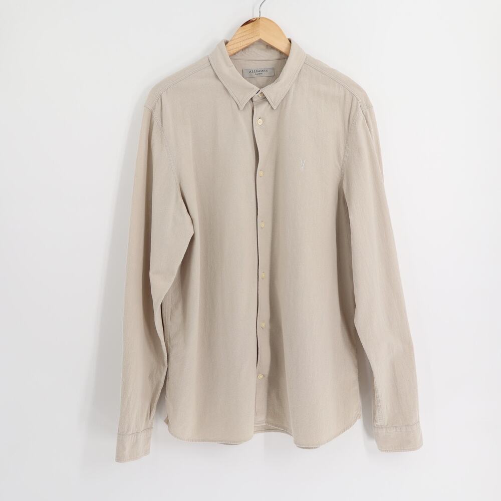 All Saints Men's Sz X-Large Lovell Long Sleeve Ramskull Shirt Beige Quiet Luxury